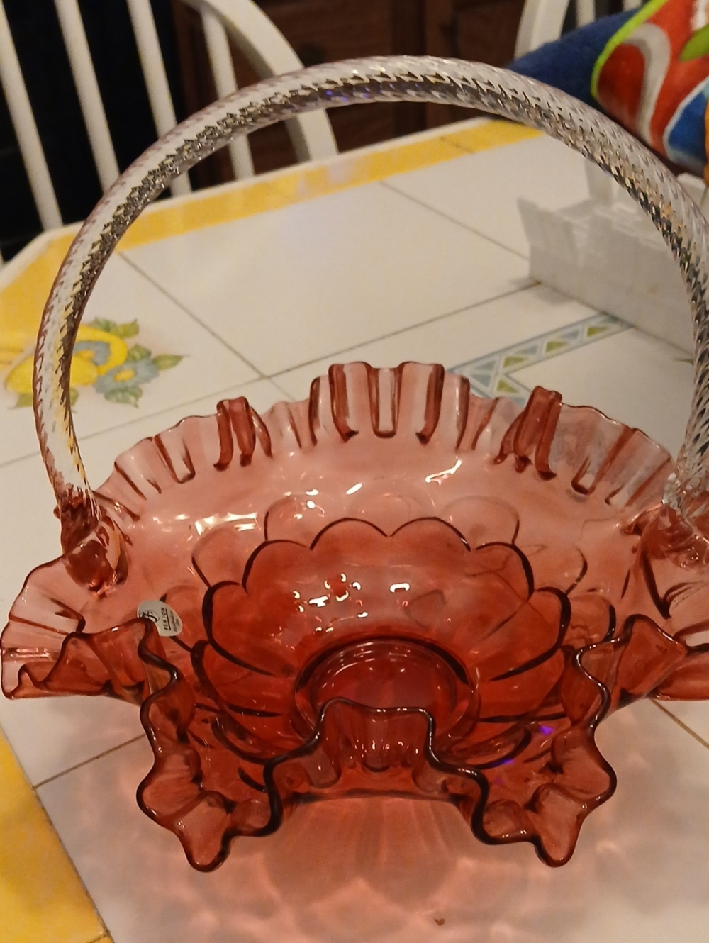 Fenton Cranberry Pink Ruffled Glass Basket with Clear Twisted Handle